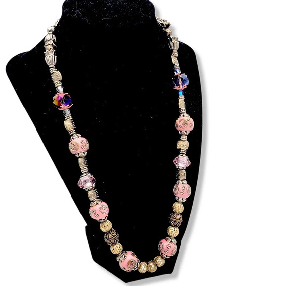 22" Pink Wedding Cake Embossed Enamel Beaded Statement Necklace Watermelon Beads - Picture 12 of 12